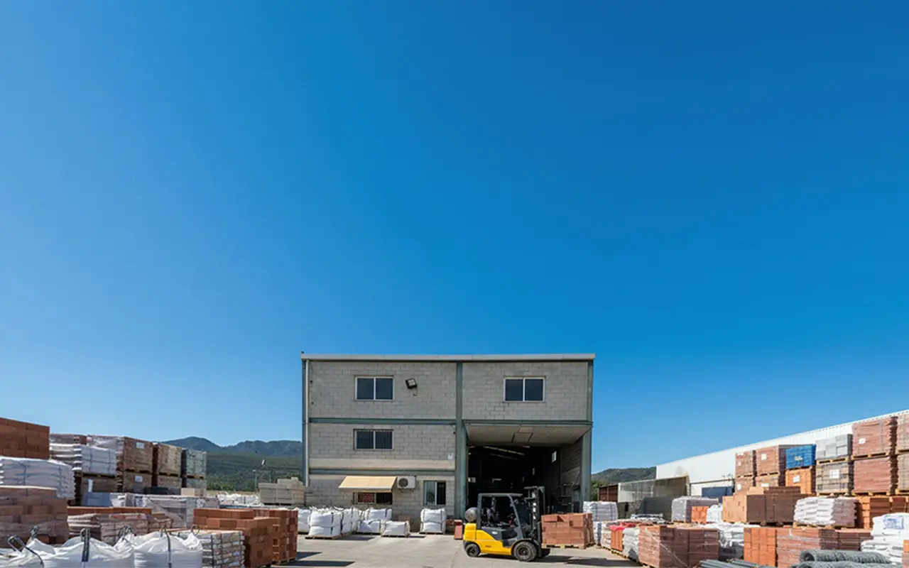 Fachada y patio de MatXeraco con materiales de construcción
